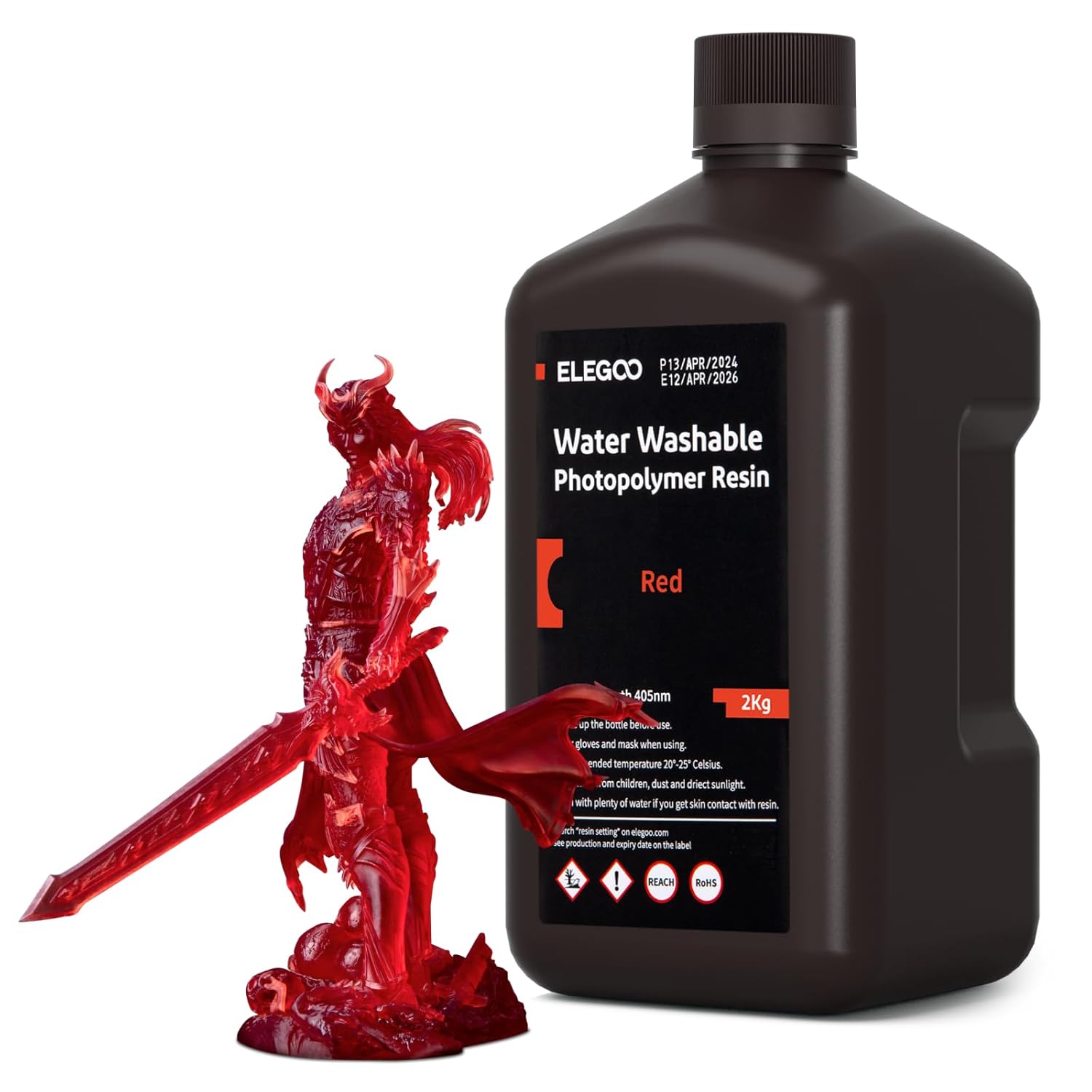 ELEGOO Water Washable 3D Printer Resin, Clear Red 2KG, Fast Curing, Easy Cleanup with Water, Smooth Finish & High Precision 405nm UV Resin for LCD/MSLA 3D Printing