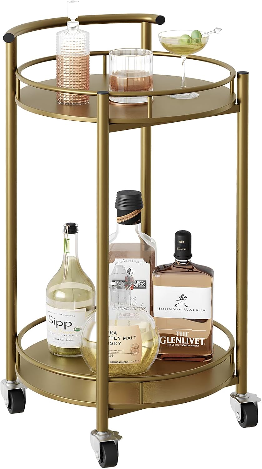 Bar Cart Gold Rolling Cart for Home,2 Tiers Bar Serving Cart Round Wine Cart with Handle, Metal Wine Rack and Casters, Serving Bar Trolley for Home Kitchen,Living Room,Christmas,New Year