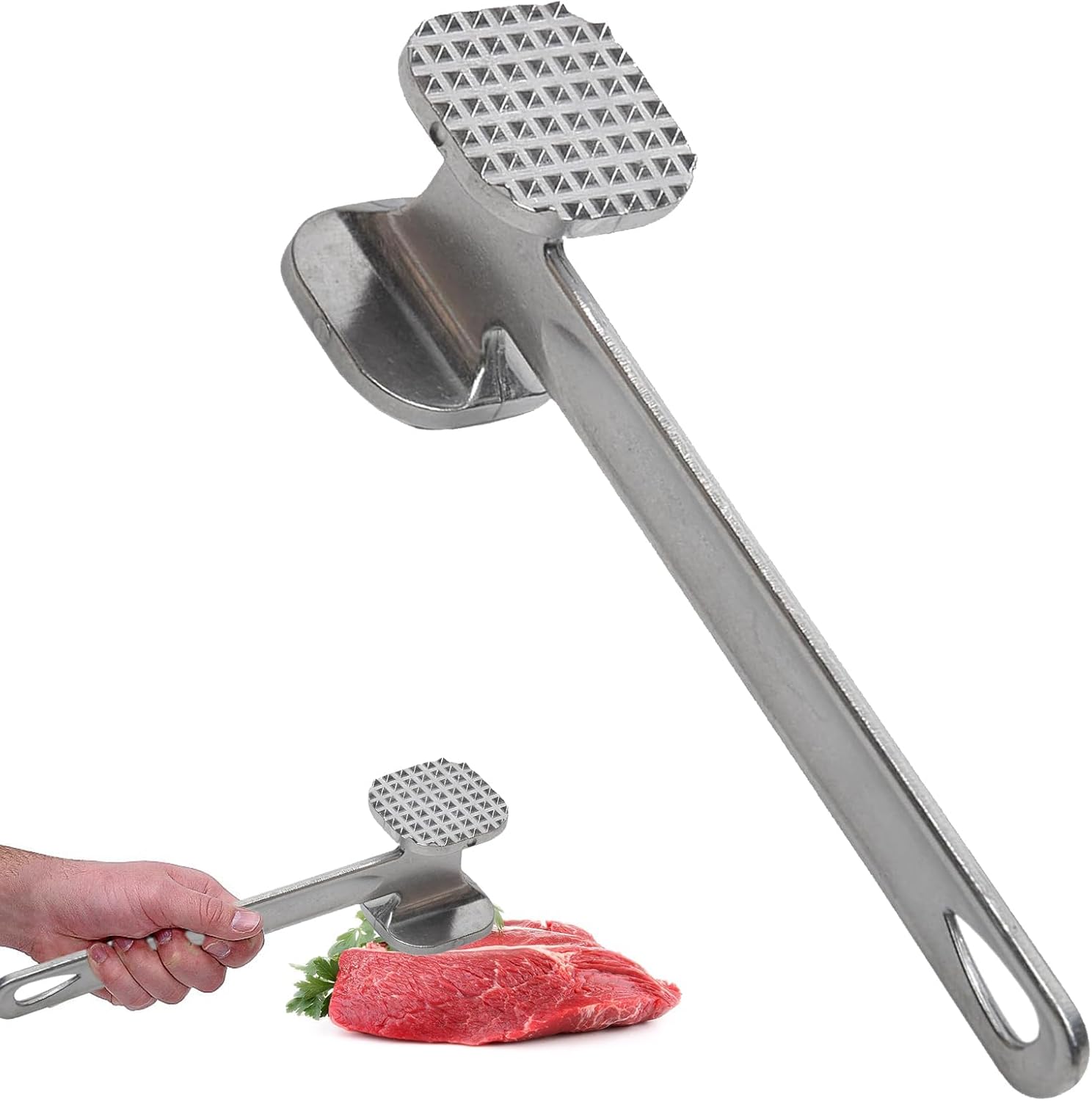 Convenient Meat Tenderizer, 19 cm Heavy Duty Double Side Steak Hammer, Sturdy Aluminium Alloy Meat Hammer, for Steak, Fish, Pork, Chicken, Poultry, Beef, Tool Used for Kitchen & BBQ.