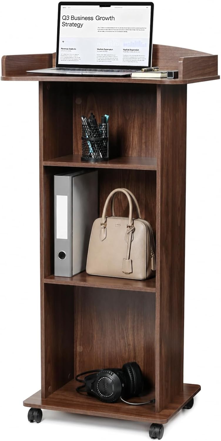 Podium Stand with Wheels, 3 Storage Shelves, Wooden Lectern for Classroom, Church, Chestnut Brown