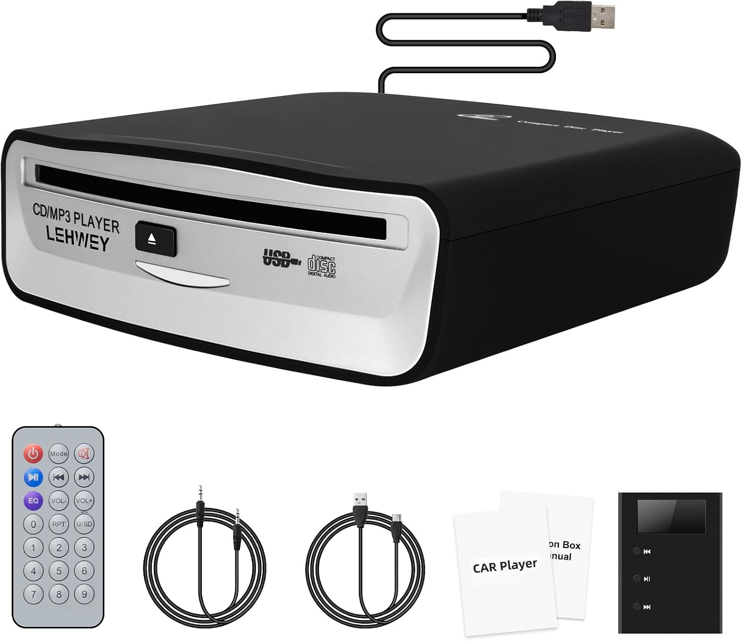Lehwey USB CD Player for Car, External Car Cd Players with AUX & FM Transmitter, Portable CD Player for Cars without CD Drive, Anti-Skip, Remote Control, Works with Most Cars, SUVs, Trucks