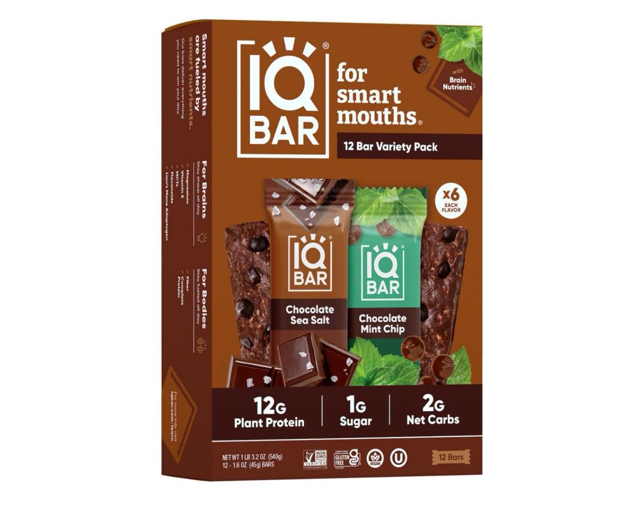 Iq-BAR Brain and Body Keto Protein Bars Variety Pack- Chocolate Sea Salt and Chocolate Mint Chip - 12 Count Energy Bars - Low Carb Protein Bar - High Fiber Vegan Bars.