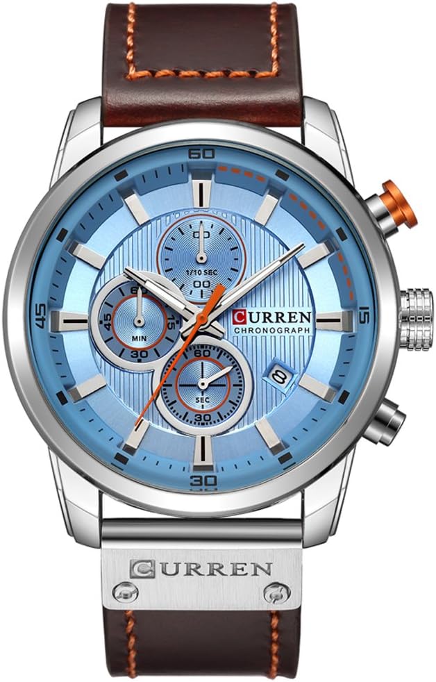 Men Leather Strap Military Watches Men's Chronograph Waterproof Sport Wrist Date Quartz Wristwatch Gifts (Silver Blue)