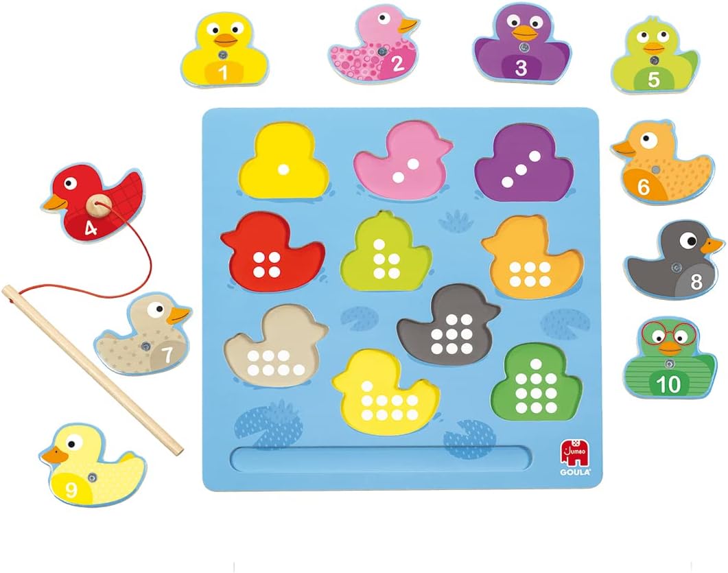 Goula Magnetic Ducks Puzzle - 10Pc Kids Fishing Puzzle, Hook a Duck Wooden Puzzle Game for Children with Magnetic Patches & Fishing Rod- Learn Colours, Numbers & Develop Fine Motor Skills - 2 Years +