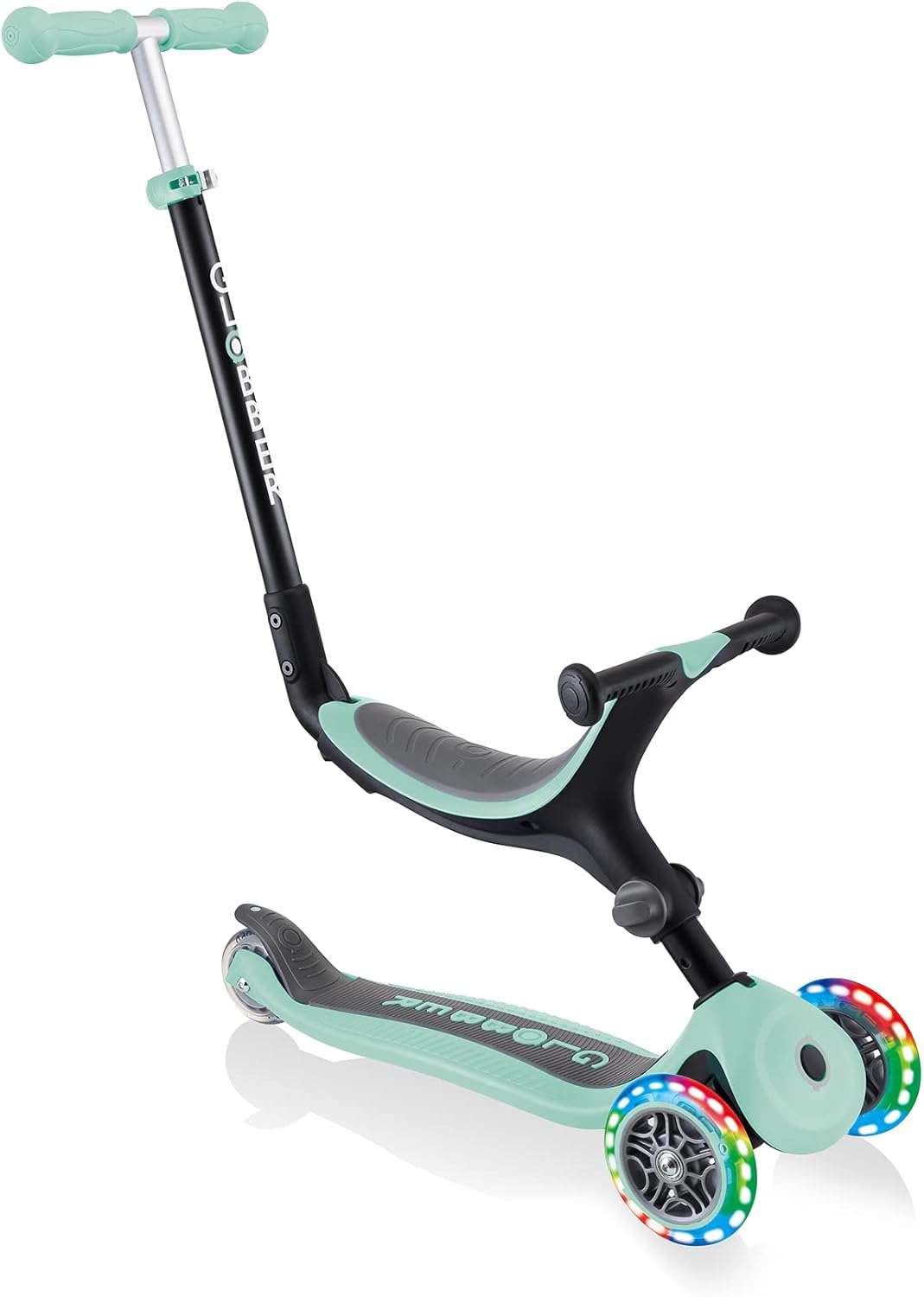 Globber Go Up Foldable 3 Wheel Folding Scooter and Ride On Trike with Light Up Wheels - 15 Months to 7 Years, Kids Toddler Scooter for Boys and Girls with removable seat 2 Year Warranty
