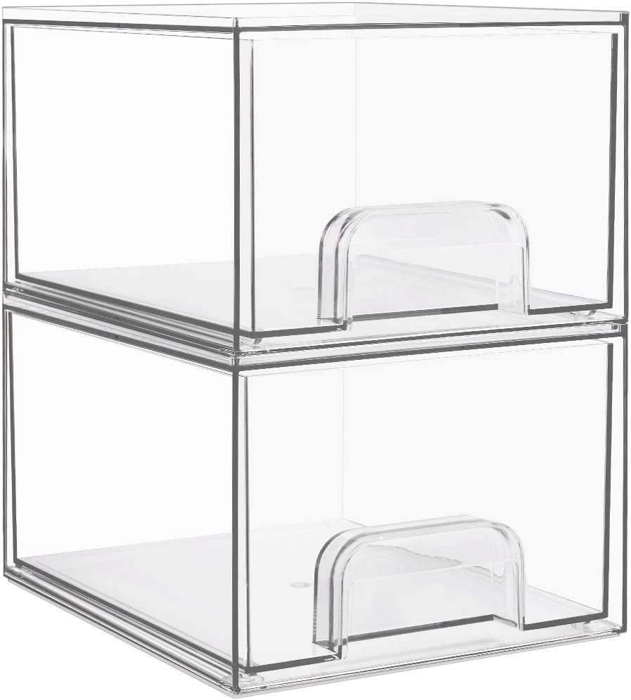 Vtopmart 2 Pack Clear Small Stackable Storage Drawers, Acrylic Bathroom Makeup Organiser, Plastic Storage Box For Vanity, Under Sink, Kitchen Cupboard, Pantry, Home Organization
