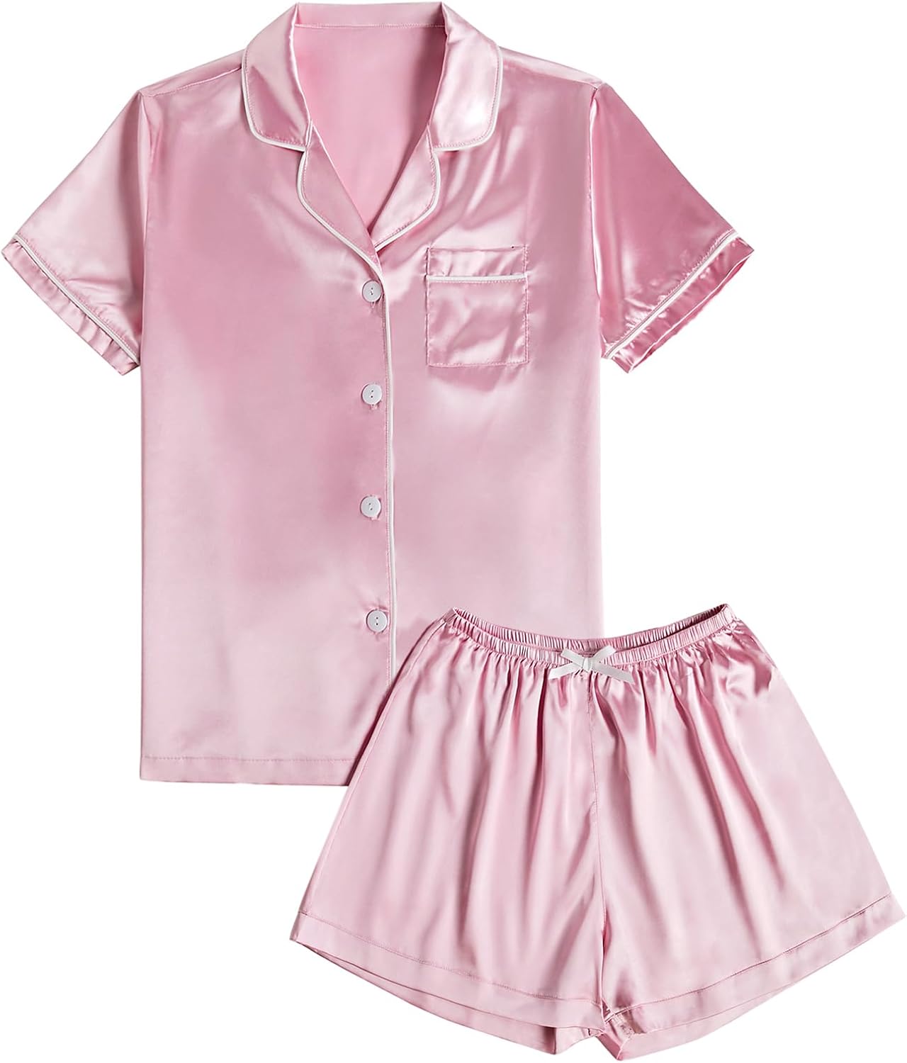 LYANER Women's Satin Silk Pajamas Short Sleeve Button Shirt & Shorts Set PJ Sleepwear