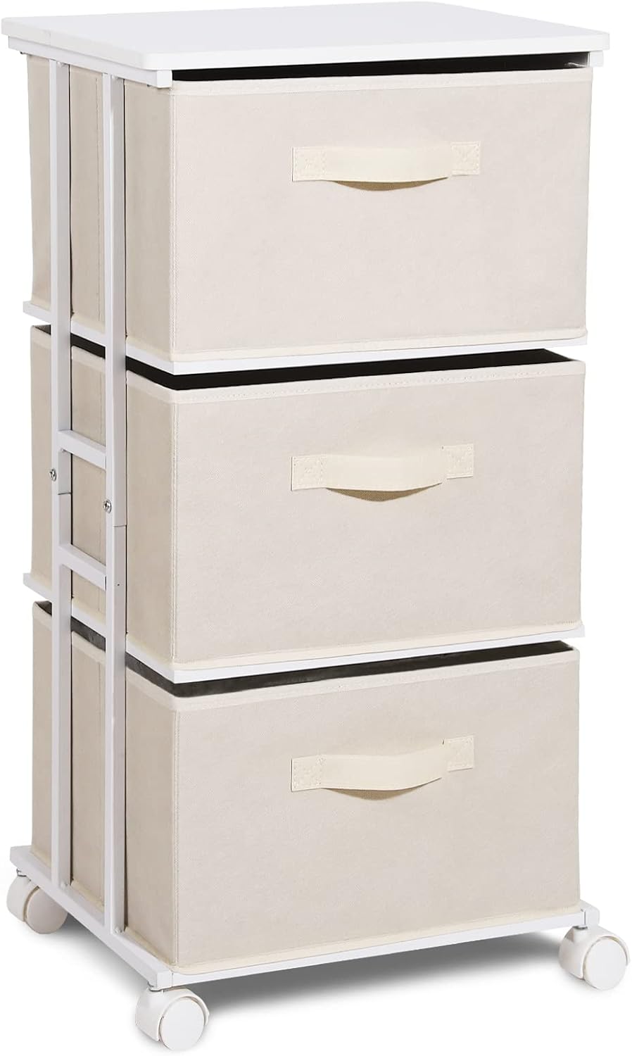 MAX Houser Dresser Tower with 3 Drawers for Bedroom, Fabric Storage Organizer Unit, Chest of Drawers with with WoodTop, Small Vertical Storage for Guest Room, Closet, Entryway(Beige)