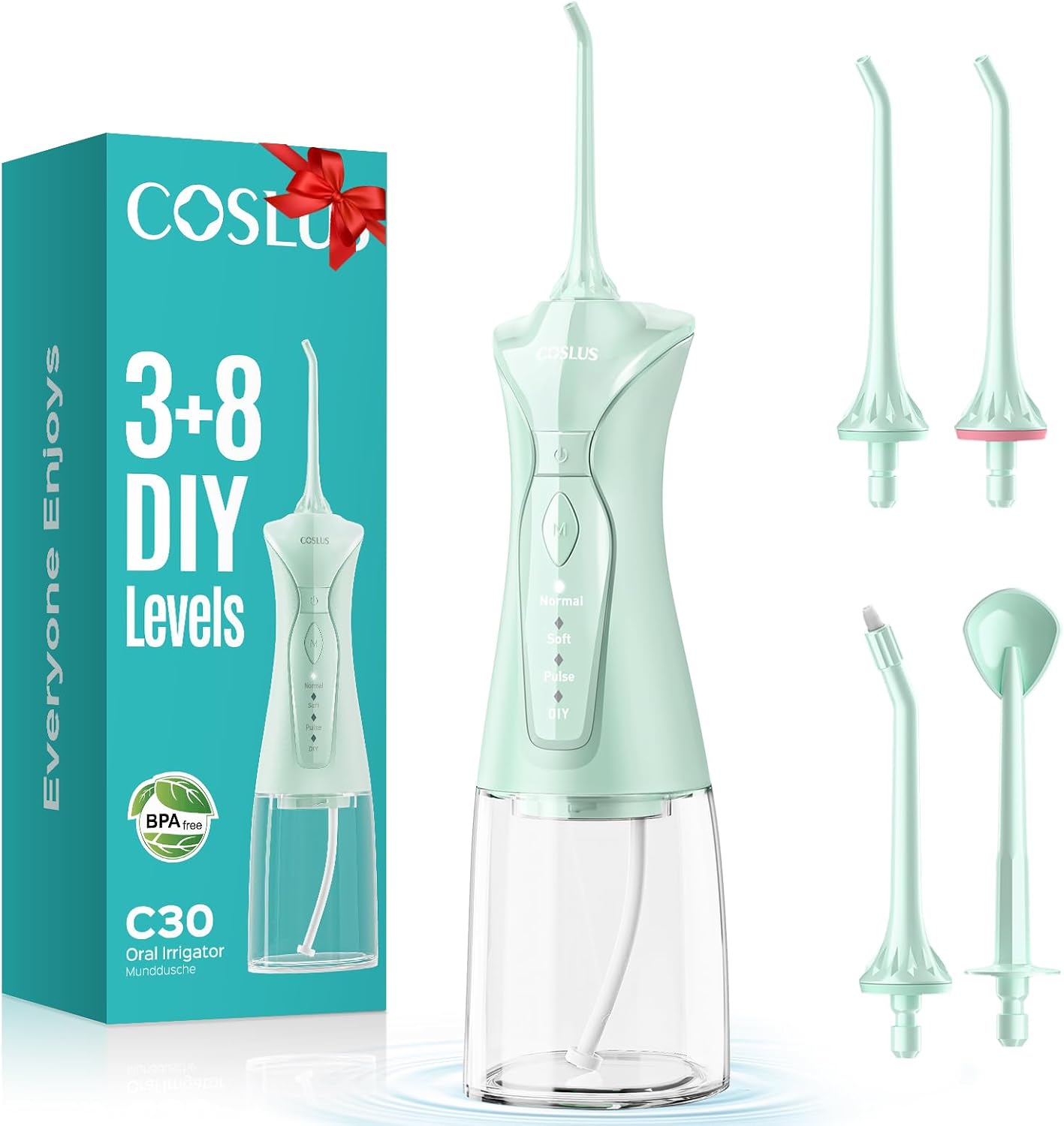 COSLUS C30 Water Dental Flosser, Upgraded DIY Mode, Green, 1Pcs
