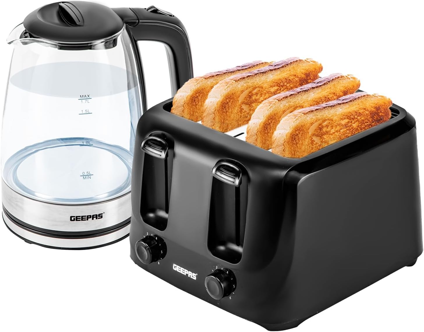 GEEPAS 4 Slice Bread Toaster & 1.7L Illuminating Electric Glass Kettle Set