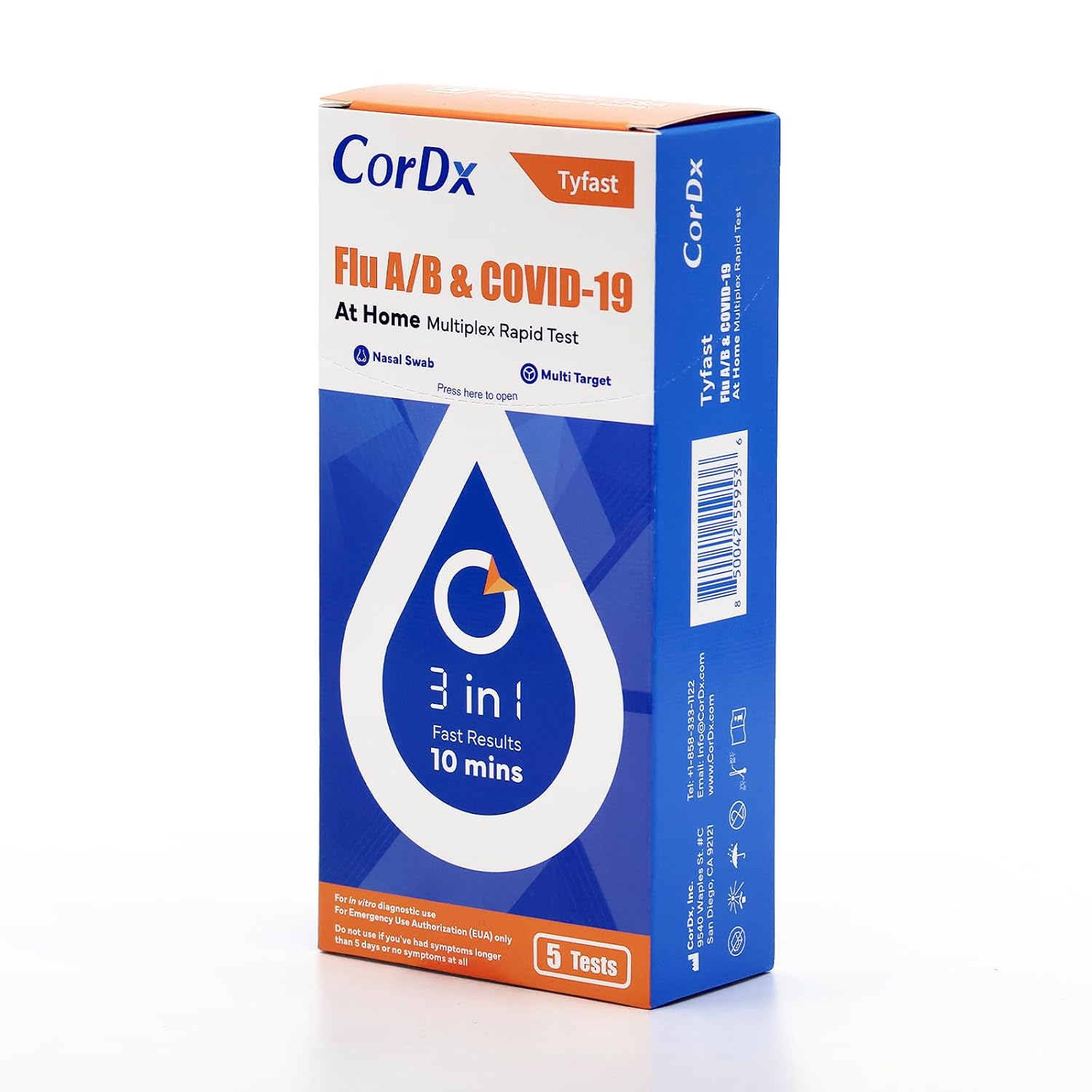 CorDx Flu A/B & COVID-19, At Home 3-in-1 Rapid Test Kit, 5 Tests | Nasal Swab Self-Test, Easy-To-Use For Adults And Kids, EUA Authorized OTC, Quick 10-Minute Results