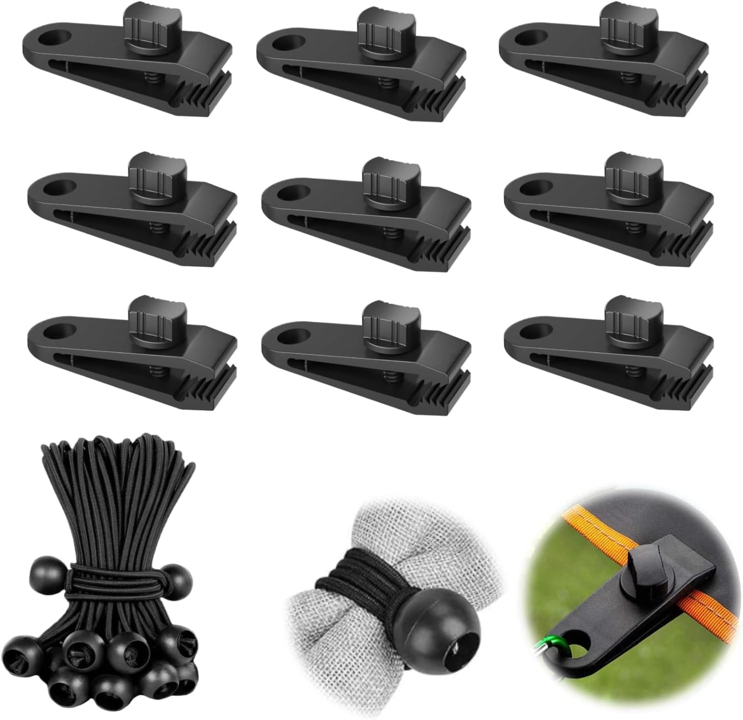 10 Sets Heavy Duty Tarp Clip and Awning Clamp With Bungee Cord - Linoleum Tent Clips With Bungee Balls for Camping, Tarpaulin