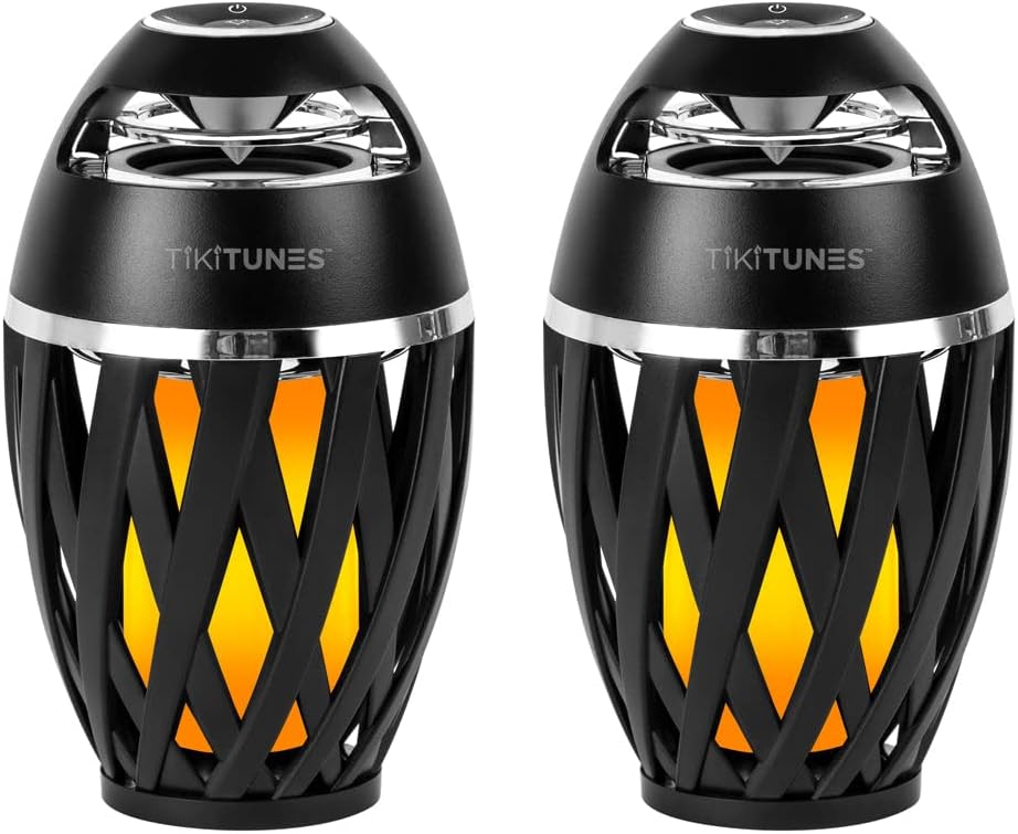 TikiTunes Portable Bluetooth 5.0 Indoor/Outdoor Wireless Speakers, LED Torch Atmospheric Lighting Effect, 5-Watt Audio USB Speakers, 2000 mAh Battery for iPhone/iPad/Android (Set of 2)
