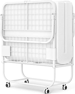 Homieasy Folding Bed with Mattress, Portable Foldable Bed with Storage Cover, Rollaway Bed for Adults with Memory Foam Mattress and Metal Frame, Cot Size Guest Bed on Wheels- White, 75” x 31”