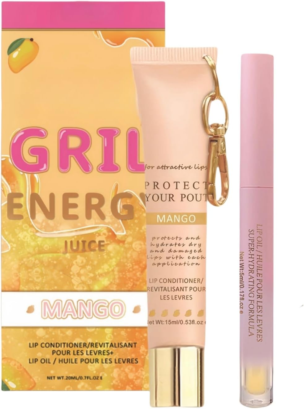 Lip Conditioner & Oil Duo Set,2in1 Moisturizing Li-p Duo for Dry & Cracked Lips,Fruity Flavors Li-p Balm Liquid Lipstick,Gloss L-ip O-il,Li-p Oil Gift Set,L-ip Mask,Lip Plumper Extreme(Mango)
