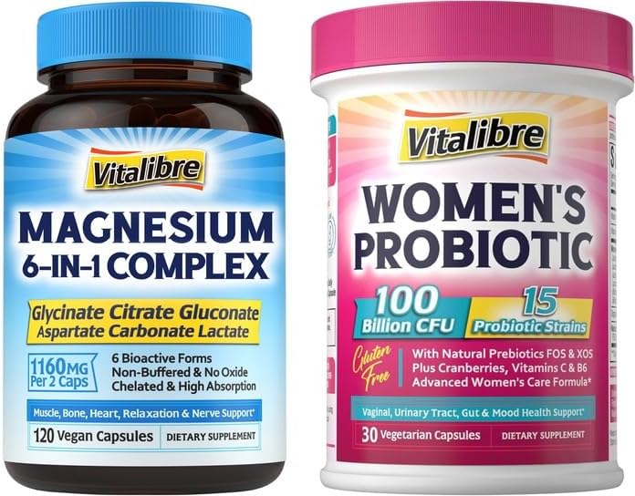 Vitalibre Women's Probiotics 100 Billion CFU 30 Capsules & Magnesium Complex Supplement 6 in 1, 120 Capsules