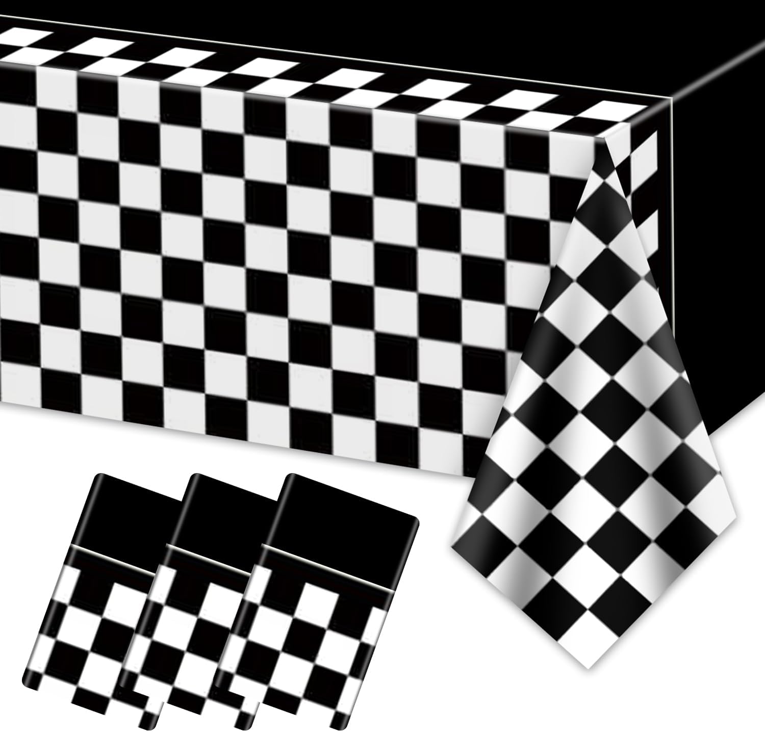 PIXHOTUL 4 Pcs Racing Car Tablecloths, Race Car Birthday Party Decorations Black Checkered Plastic Table Cover Table Runner for Kid Boy Birthday Race Car Theme Party, 220 x 130 cm