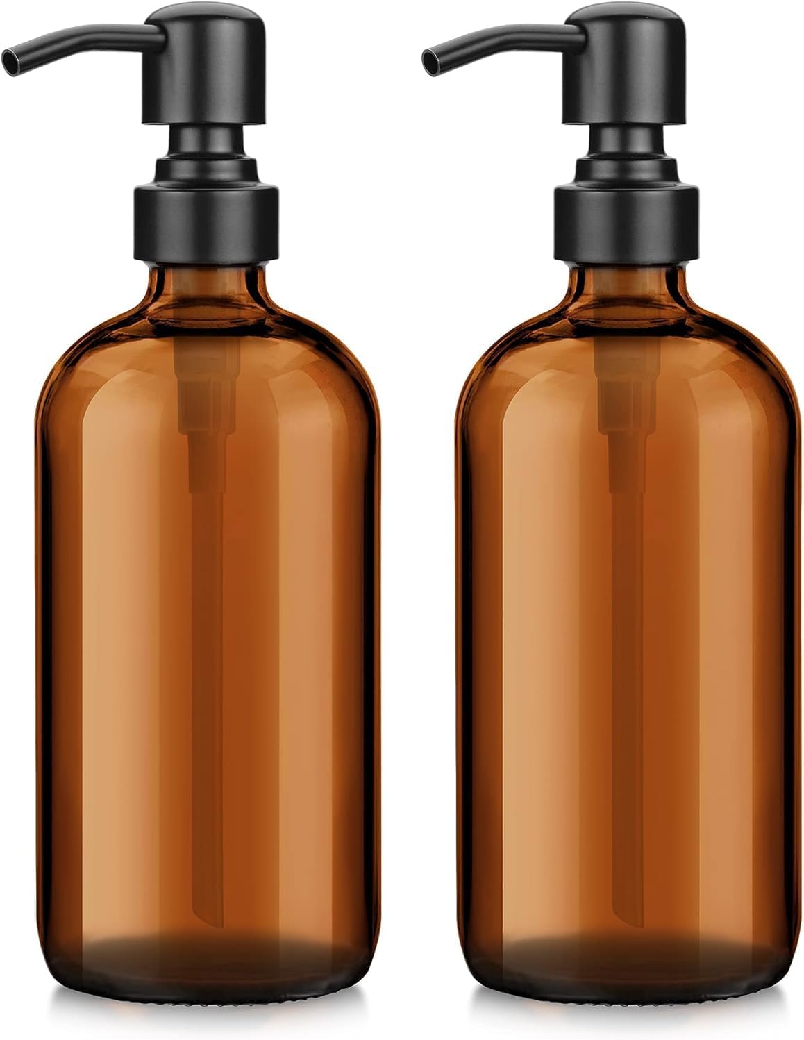 AmazerBath Amber Glass Soap Dispenser, 2 Pack Thick Pint Bottle with Stainless Steel Pump,17 Oz Hand Dish Soap Dispenser Bottle, Soap Dispensers for Bathroom Kitchen Sink