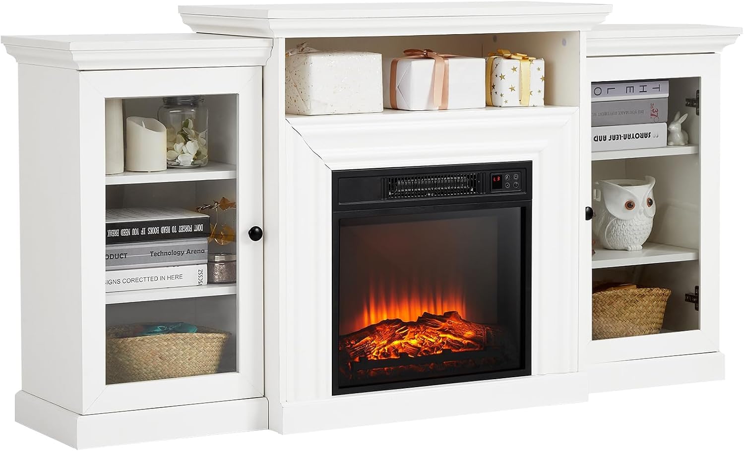 60" Fireplace TV Stand with Mantel, Electric Fireplace, 3D Flame, Adjustable Heat & Storage, Entertainment Center for Living Room or Bedroom, Remote Control, White