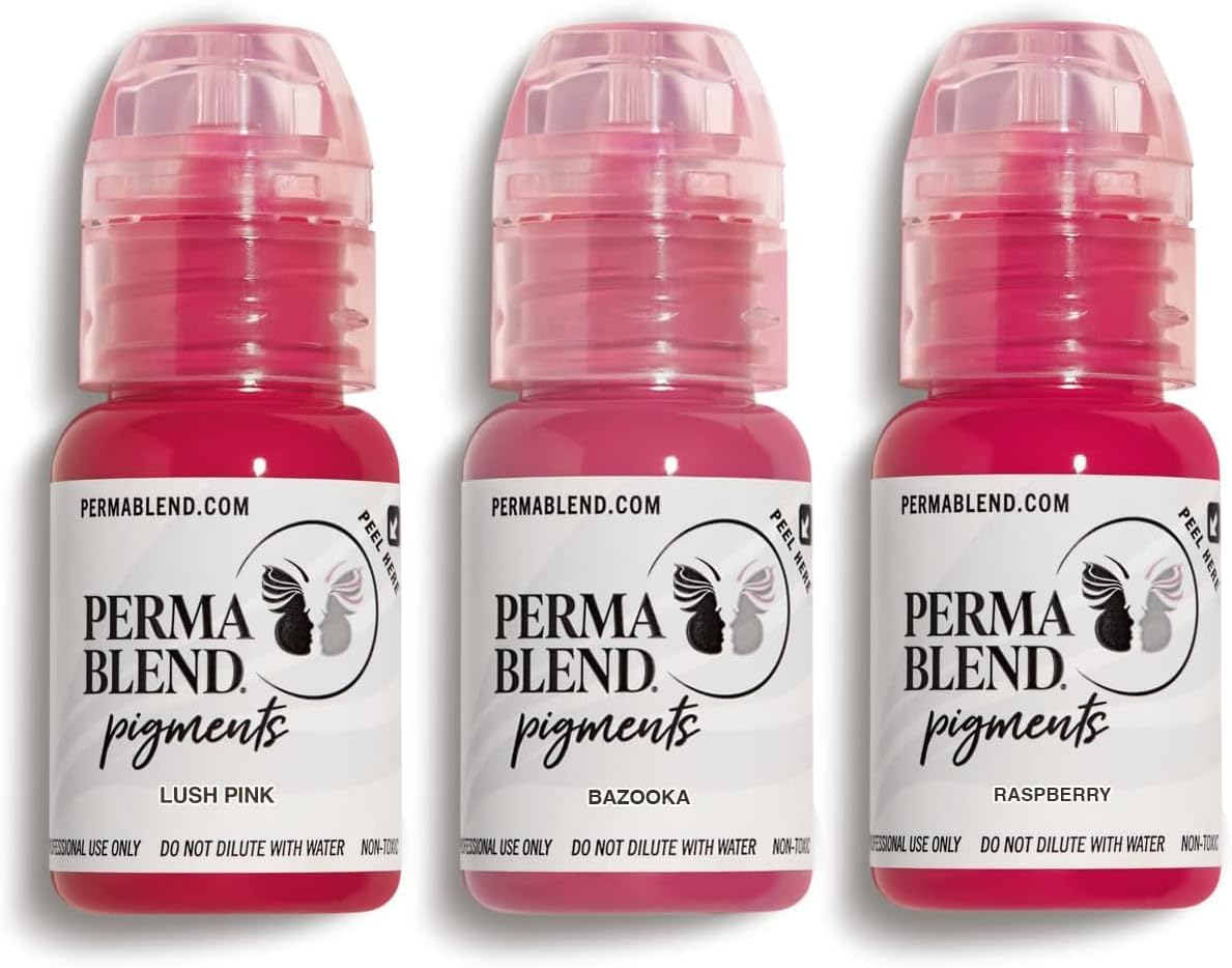 Perma Blend Lip Set - Pink Tattoo Ink Set for Permanent Makeup - Tattoo Supplies for Lip Blush Microblading - Includes Raspberry, Lush & Bazooka Pink Tattoo Ink Pigment - Vegan (0.5 oz Each)