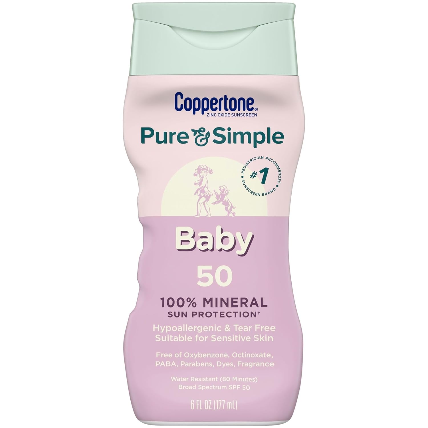 Coppertone Pure and Simple Baby Sunscreen Lotion SPF 50, Broad Spectrum Sunscreen for Baby, 6 Fl Oz Bottle