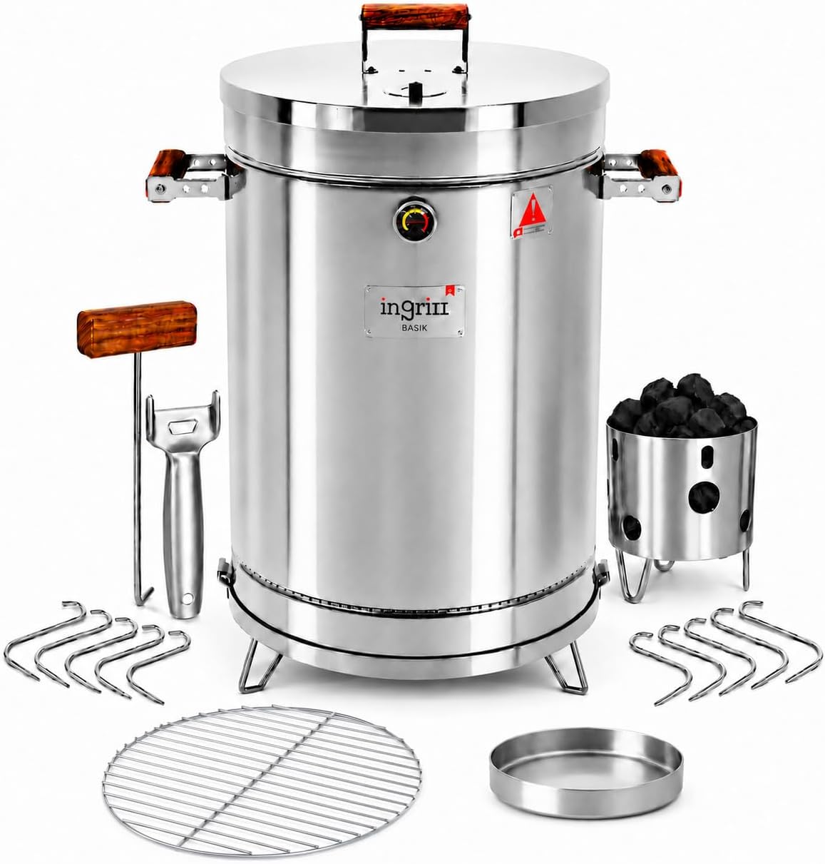 3-in-1 Stainless Steel Smoker Barrel Grill – Portable Charcoal BBQ with Thermometer, 25 lbs Outdoor Cooking Smoker for Camping, Backyard & Home BBQ INGRILL