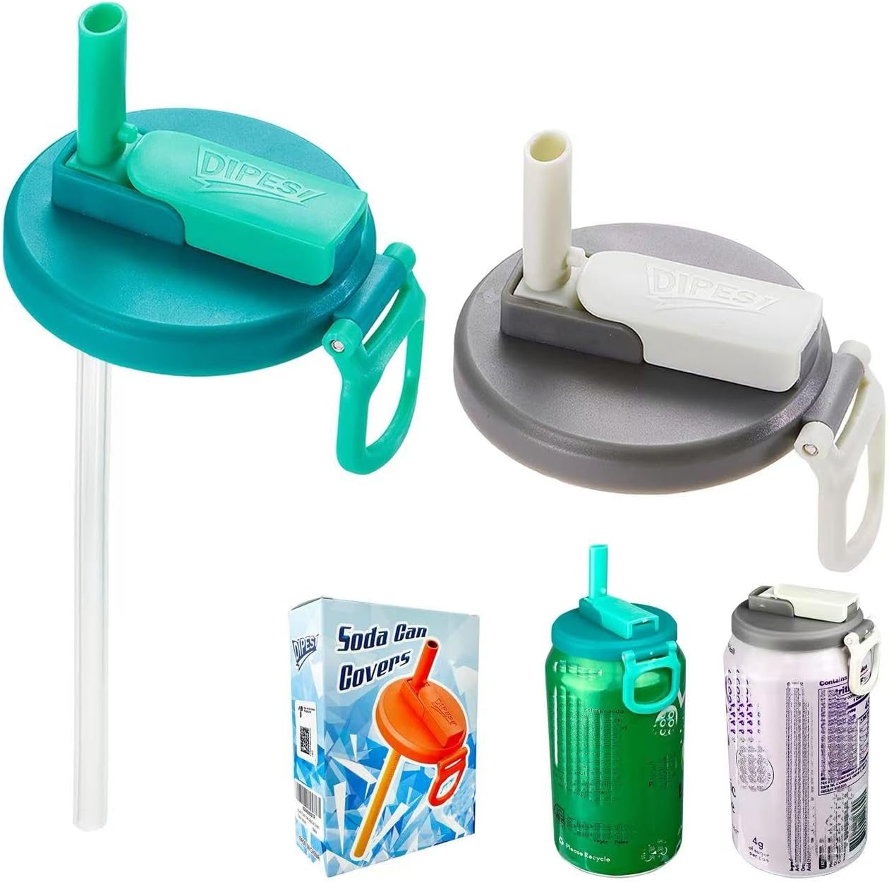 ORIGINAL CREATOR - DIPESI 2 pack Soda Can Lids with straw, Soda Can Covers with Silicone straw BPA-Free Reusable For Fits standard For Canned Beverage, Beer, Juice,Seltzer