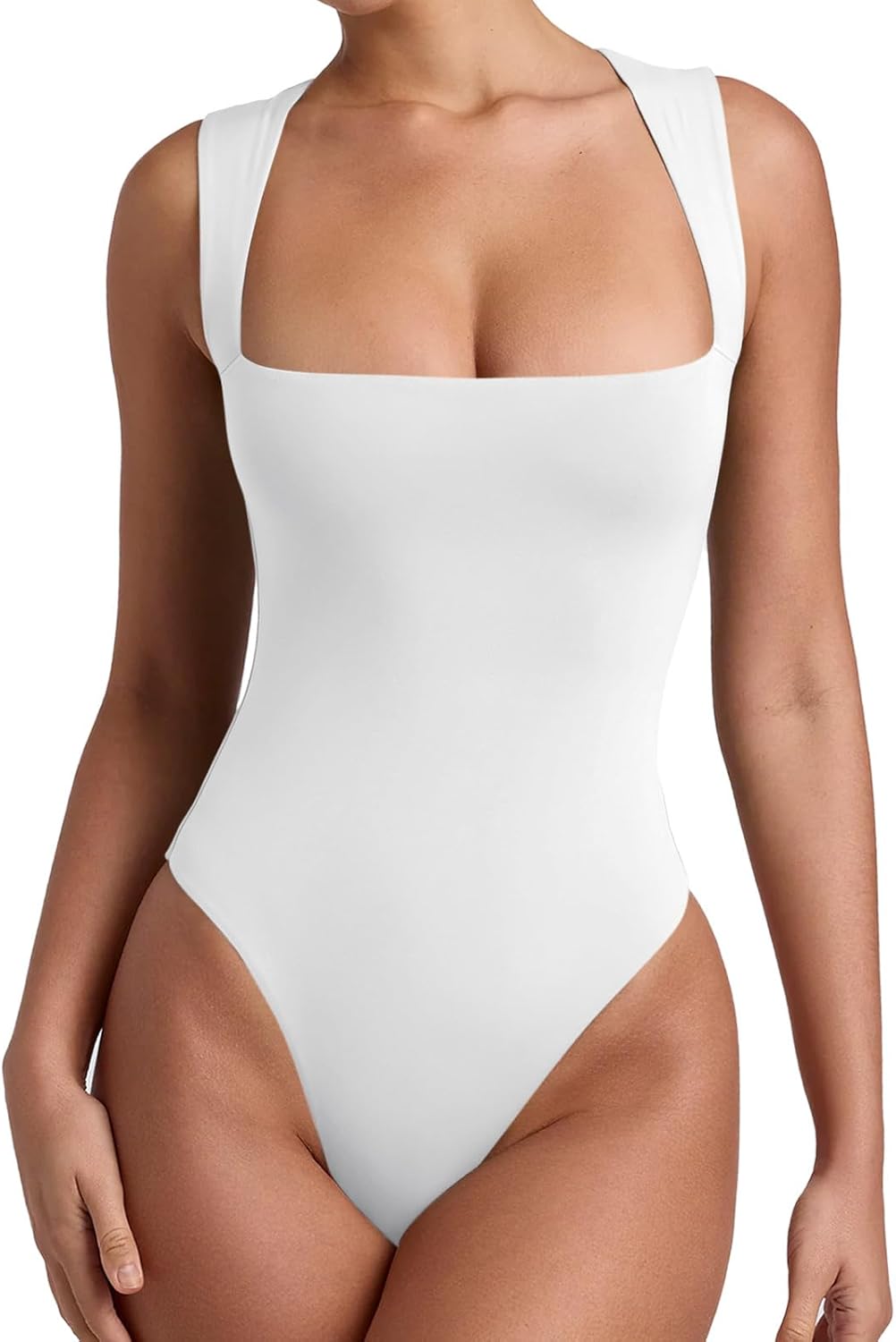 REORIA Butsmooth® Women’s Sexy Sleeveless Square Neck Double Lined Basic Bodysuit Tank Tops