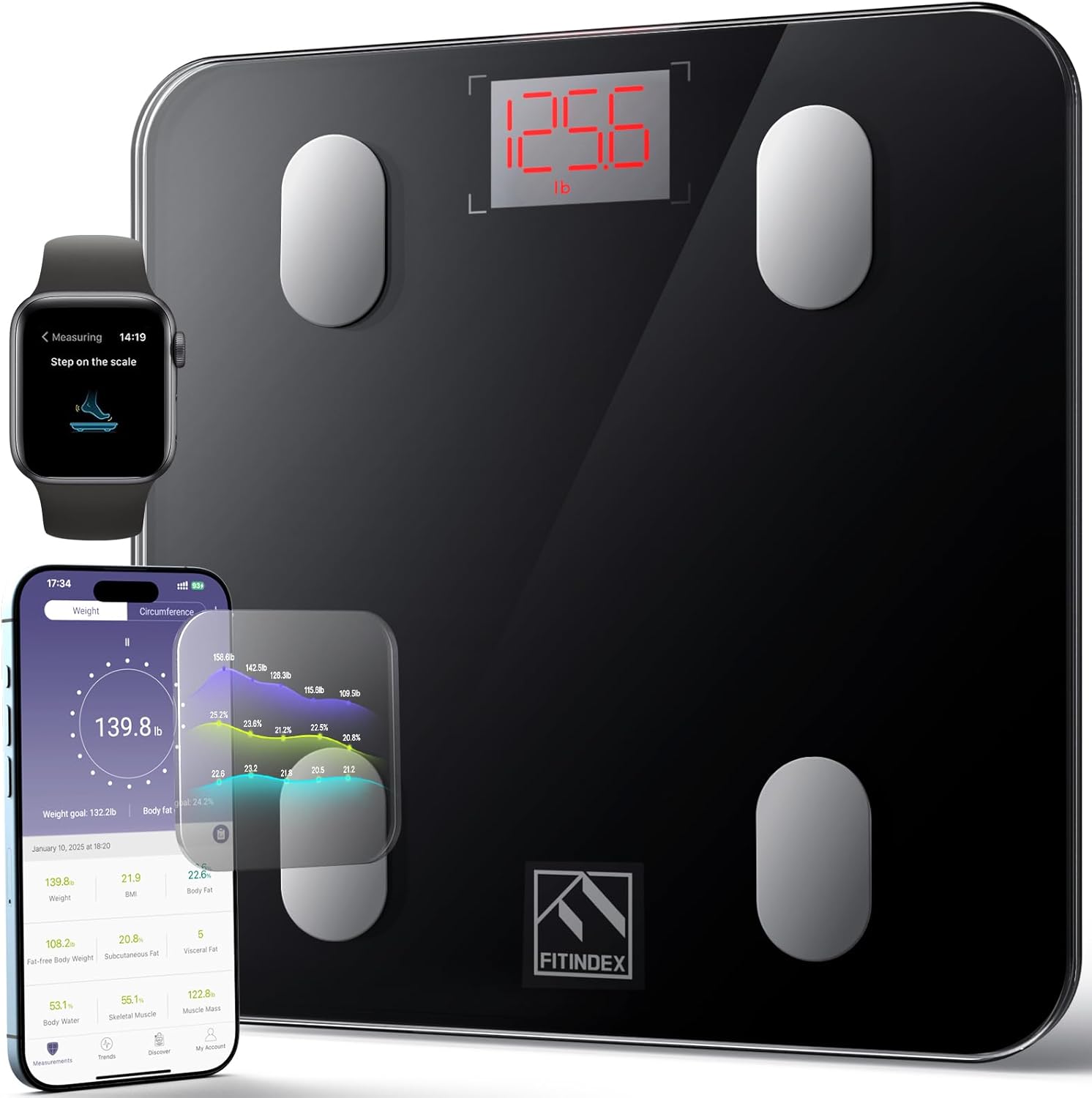 FITINDEX Smart Scale for Body Weight, Scale with BMI, Body Fat, Muscle Mass, Digital, Bathroom, Weighing, Bluetooth, Body Composition Monitor Health Analyzer with App, FSA HSA Eligible, 400lb, Black