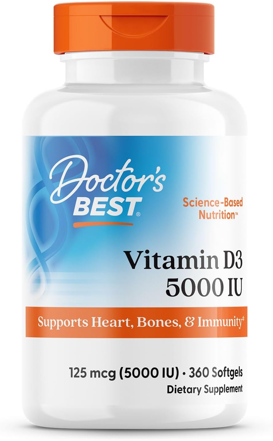 Doctor's Best Vitamin D3 5,000 IU for Healthy Bones, Teeth, Heart and Immune Support, Non-GMO, Gluten-Free, Soy Free, 360 Count (Pack of 1)