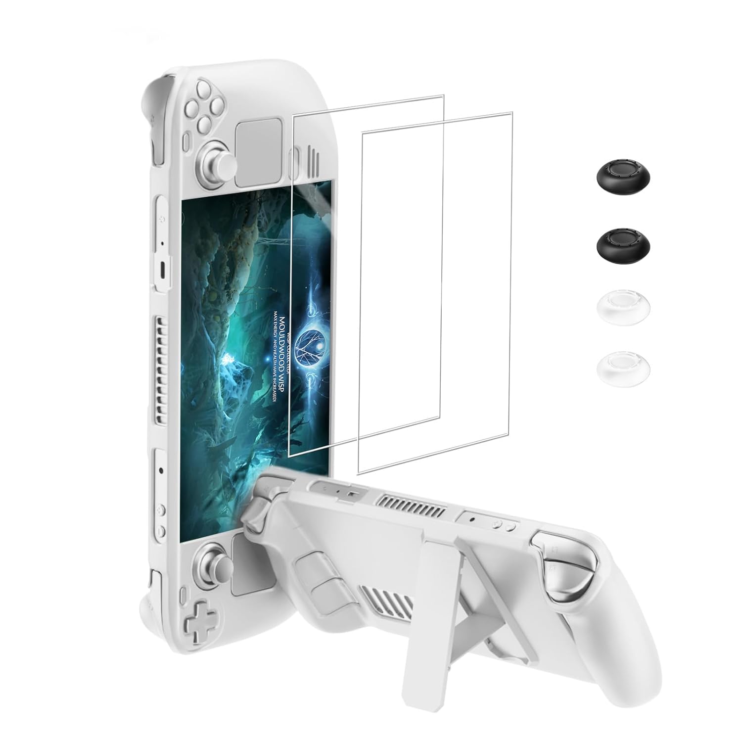 bibuks Steam Deck Case,Steam Deck OLED Protective Case,Non-Slip Skin Protective Shell Accessories,Steam Deck Case with Kickstand ,2 Screen Protector, 4 Thumb Grip (White)