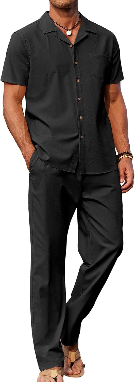 COOFANDY Men 2 Piece Linen Outfit Beach Button Down Shirt Casual Loose Pant Sets
