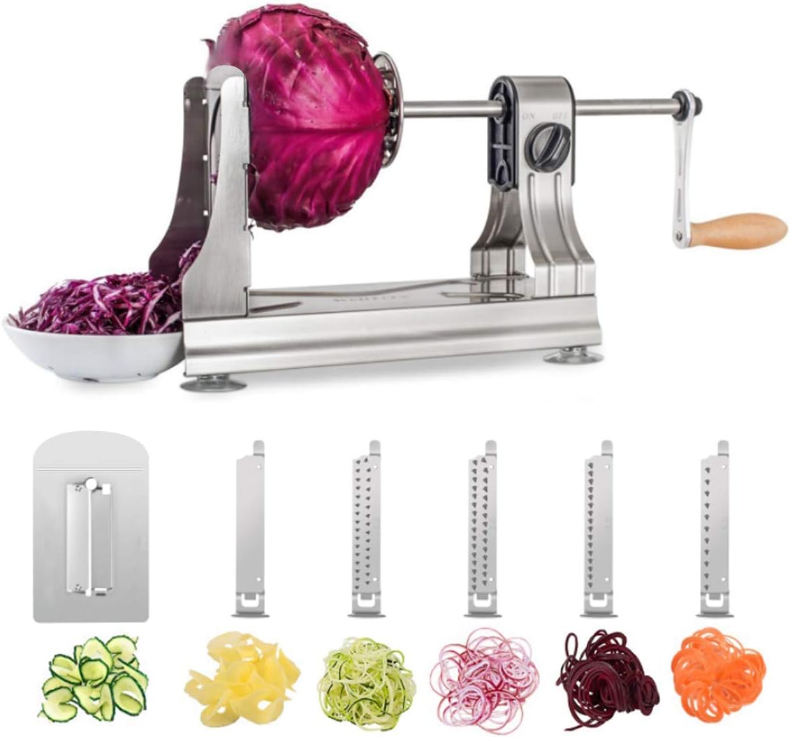 WellToBe 6 Blades Stainless Steel Vegetable Spiralizer Vegetable Spiral Slicer, Adjustable Manual Veggie Zucchini Pasta Spaghetti Maker Zoodle Maker with 4 Strong Suctions