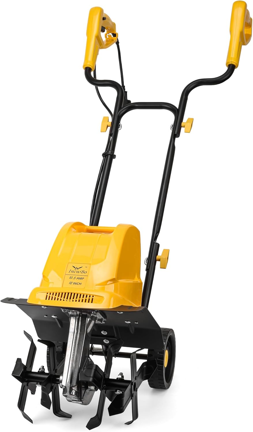 Garden Rototiller 12-Inch 10.5-Amp Corded Electric Tiller/Cultivator, Adjustable Wheels, 8-Inch Tilling Depth, Powerful and Lightweight Tiller