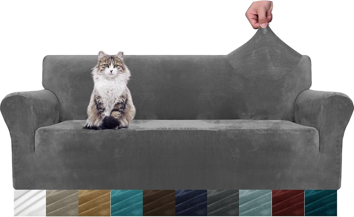 MAXIJIN Thick Velvet Sofa Covers 3 Seater Super Stretch Couch Cover for Dogs Cat Pet Friendly 1-Piece Elastic Furniture Protector Plush Sofa Slipcovers (3 Seater, Grey)