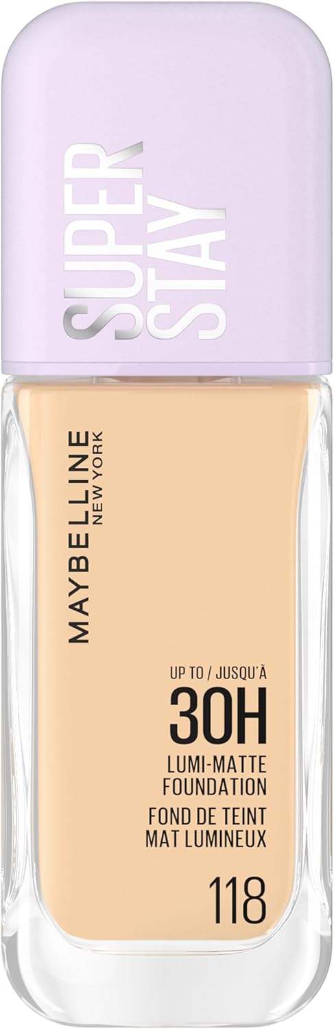 Maybelline New York Super Stay up to 30H Lumi-Matte Foundation, Medium-Full Coverage, Vegan Formula*, Amino Acids, Niacinamide, Vitamin E - Shade 118