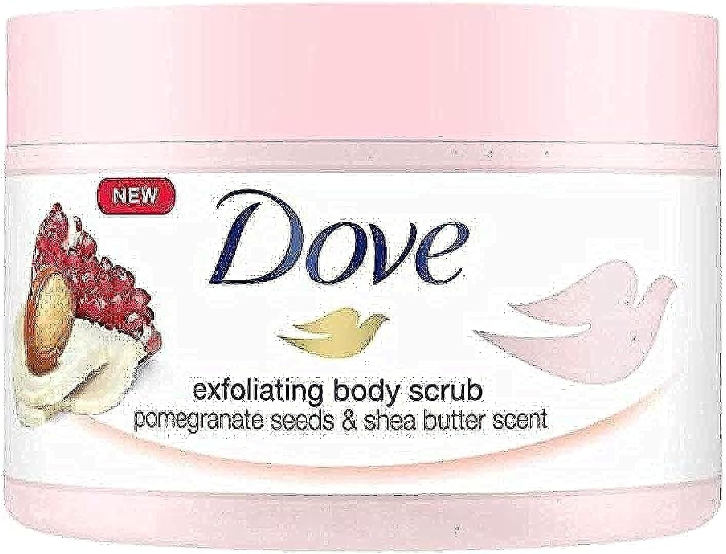 Dove Exfoliating Body Scrub Pomegranate Seeds and Shea Butter Scent Gentle Moisturising Scrub for Smooth, Soft Skin Removes Dead Skin Cells, Hydrates and Nourishes Suitable for Daily Use, 225ml