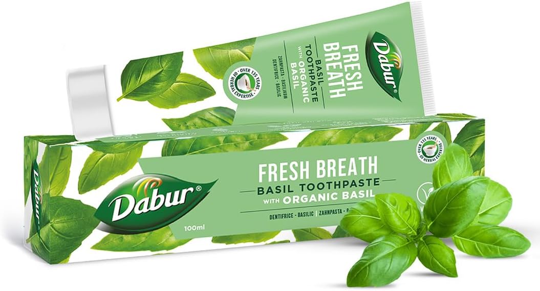 Dabur Basil Organic Toothpaste - 100g | for Fresh Breath | Natural Oral Care with Basil Extracts | Refreshing Mint Flavor Promotes Oral Health and Hygiene