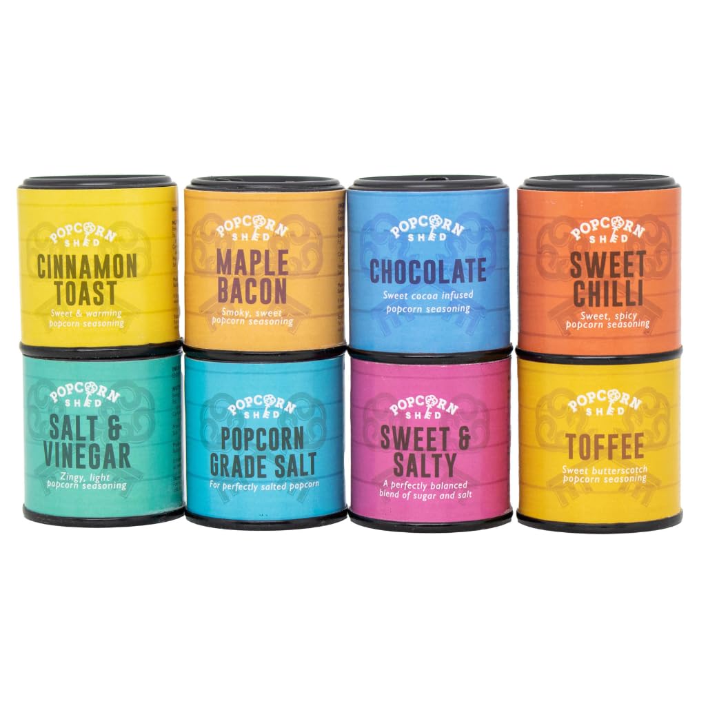 Gourmet Popcorn Seasonings 8 Pack, 8 Different Sweet and Savoury Popcorn Flavorings, Make Your Own Popcorn at Home, Low Calorie Snack, Fun for Kids, 8.1 oz, Imported from UK