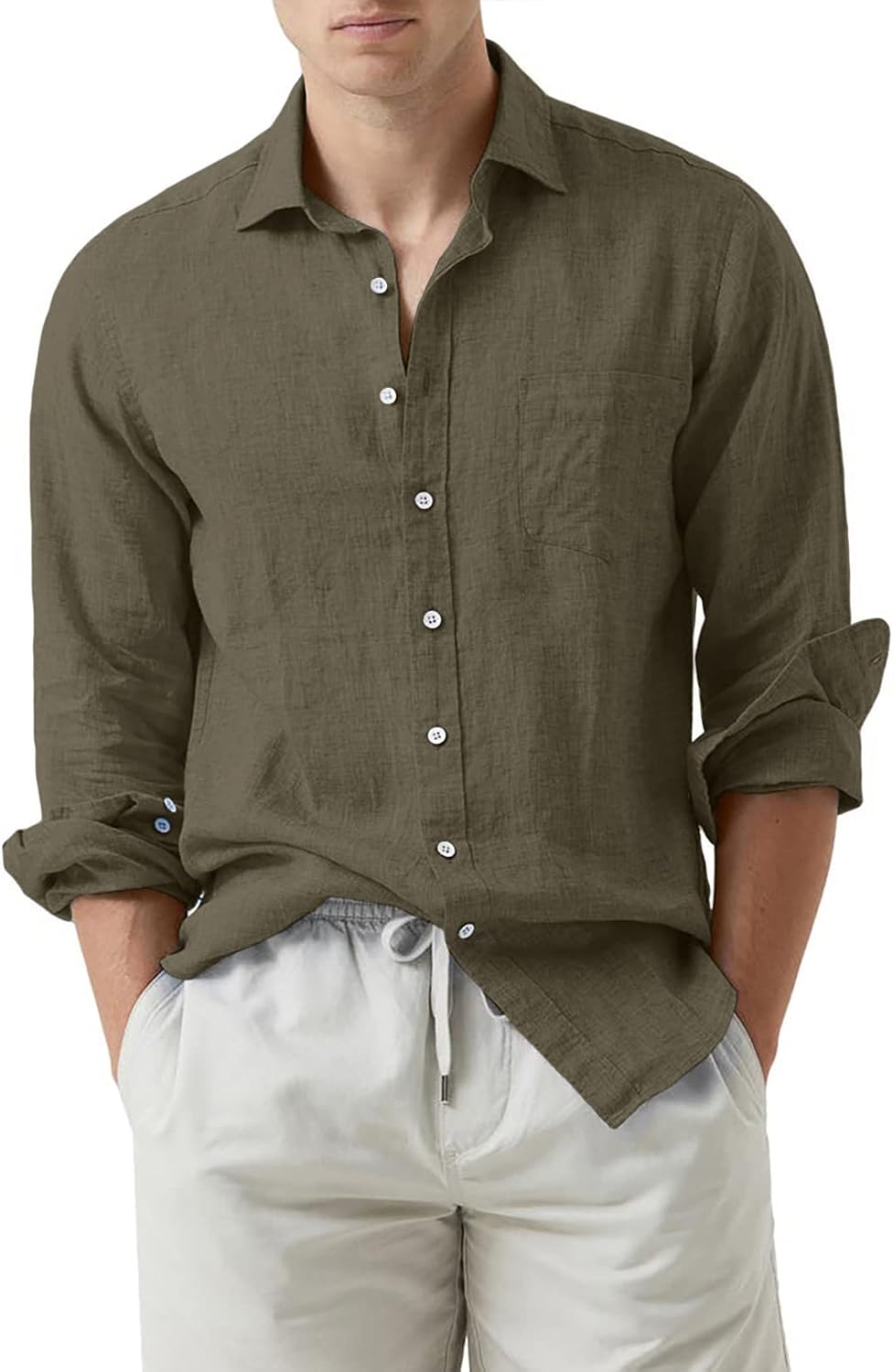 JMIERR Mens Cotton Linen Casual Stylish Button Down Shirt Long Sleeve Dress Shirts
