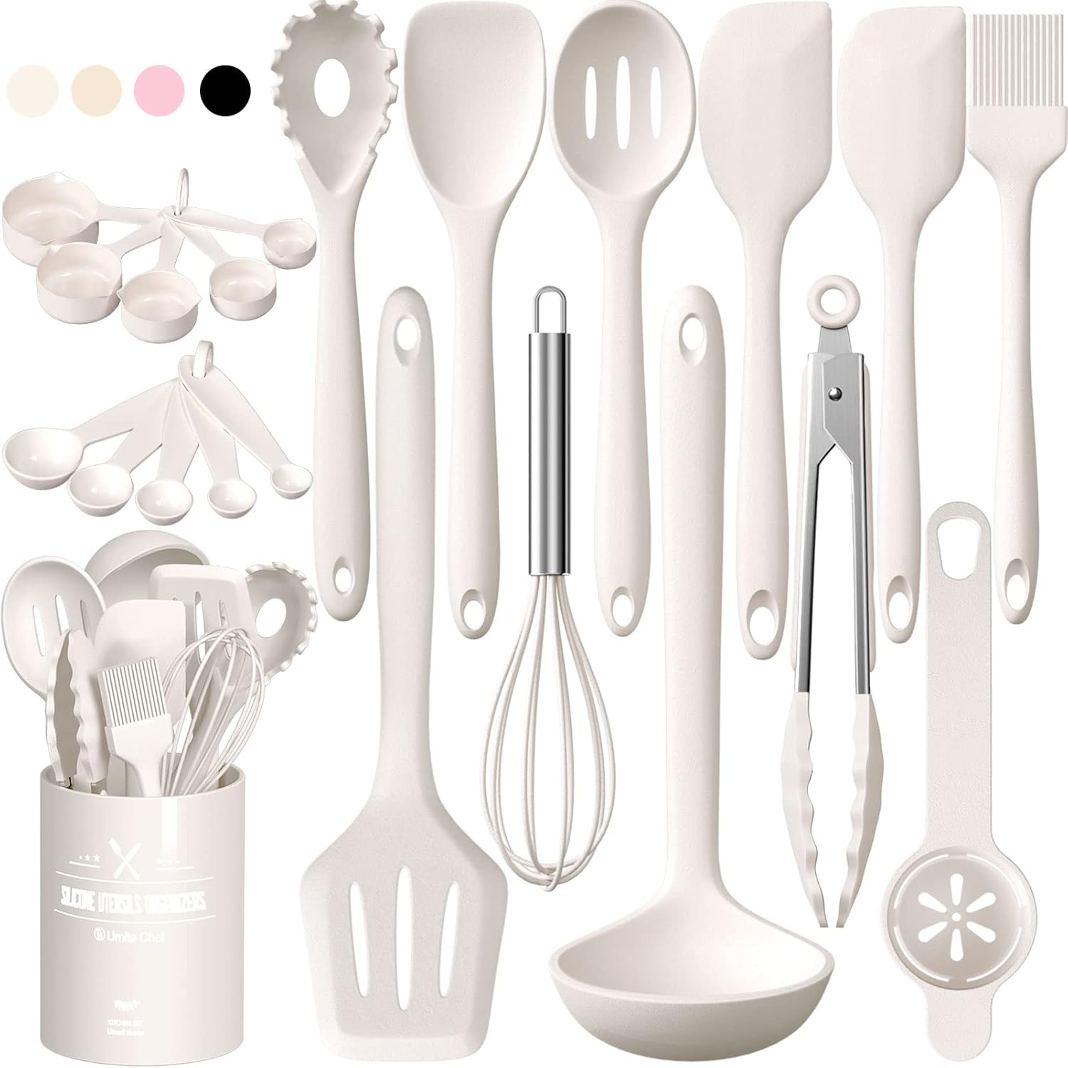 Umite Chef Kitchen Utensils Set, 22Pcs Silicone Cooking Utensils Set, Heat Resistant Silicone Kitchen Spatulas Set with Holder, White Cooking Gadgets Tools Set for Nonstick Cookware, Dishwasher Safe