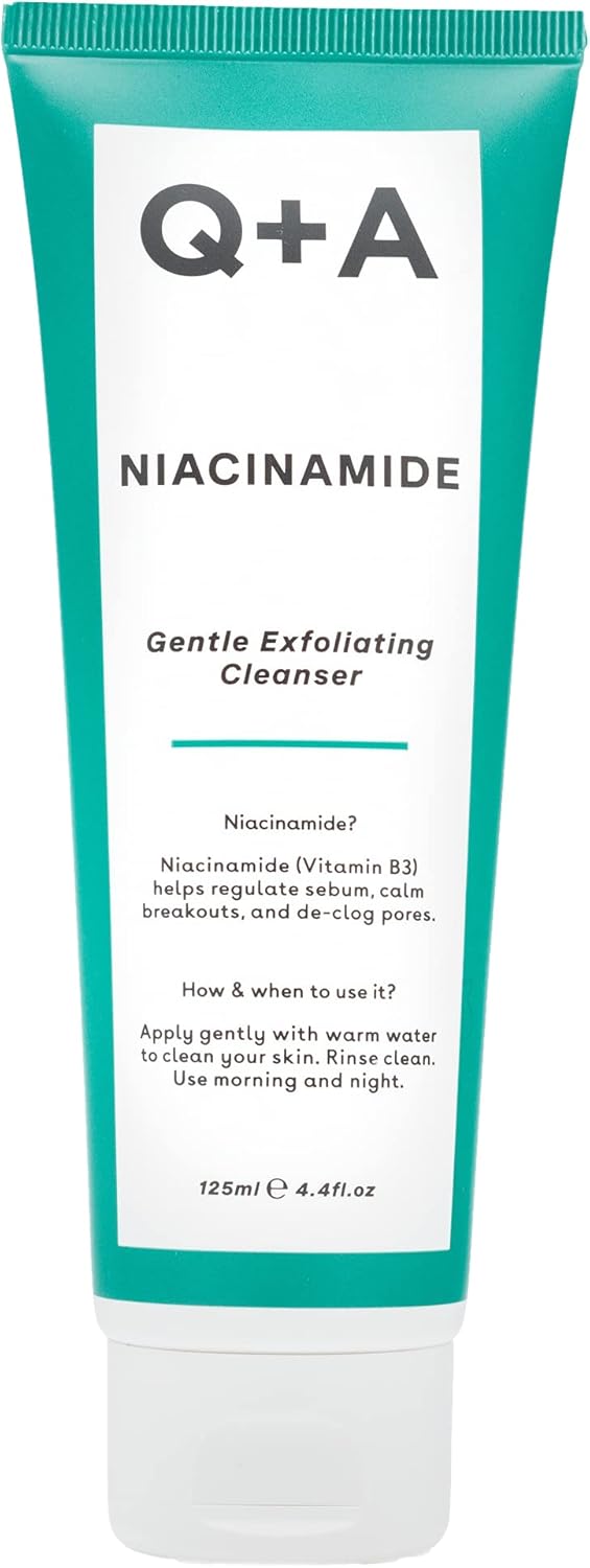 Q+A Niacinamide Gentle Exfoliating Face Cleanser (125ml), Face Scrub, Exfoliating Face Wash with Jojoba Esters and Prebiotics, Cleanses While Calming Sensitivity and Blemish-Prone Skin, Fragrance Free