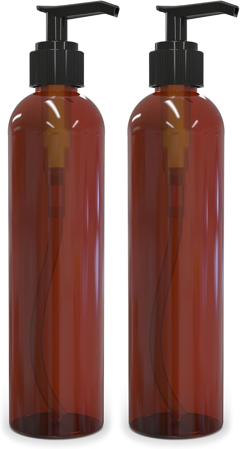 BRIGHTFROM Lotion Pump Bottles, Empty 8 OZ, BPA-Free Refillable Plastic Containers, Amber with Black Dispenser for - Soap, Shampoo, Lotions, Liquid Body Soap, Creams and Massage Oil (2 Pack)