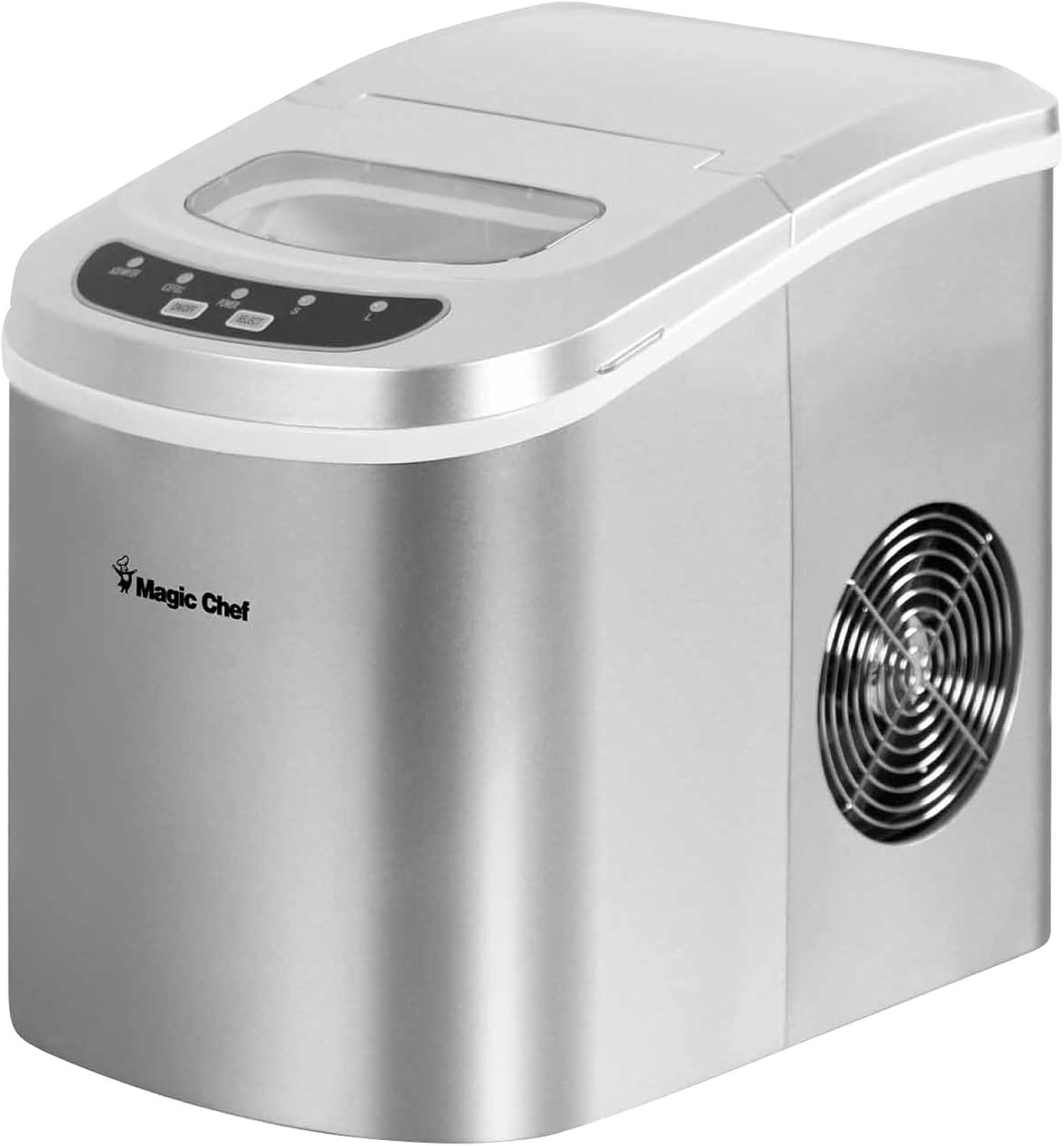 Magic Chef 27-Lb. Portable Ice Maker in Silver, Tabletop Ice Maker for Kitchen, Apartment, Dorm, and Basement with Viewing Window, 2 Ice Cube Sizes, and Ice & Water Level Indicator Lights