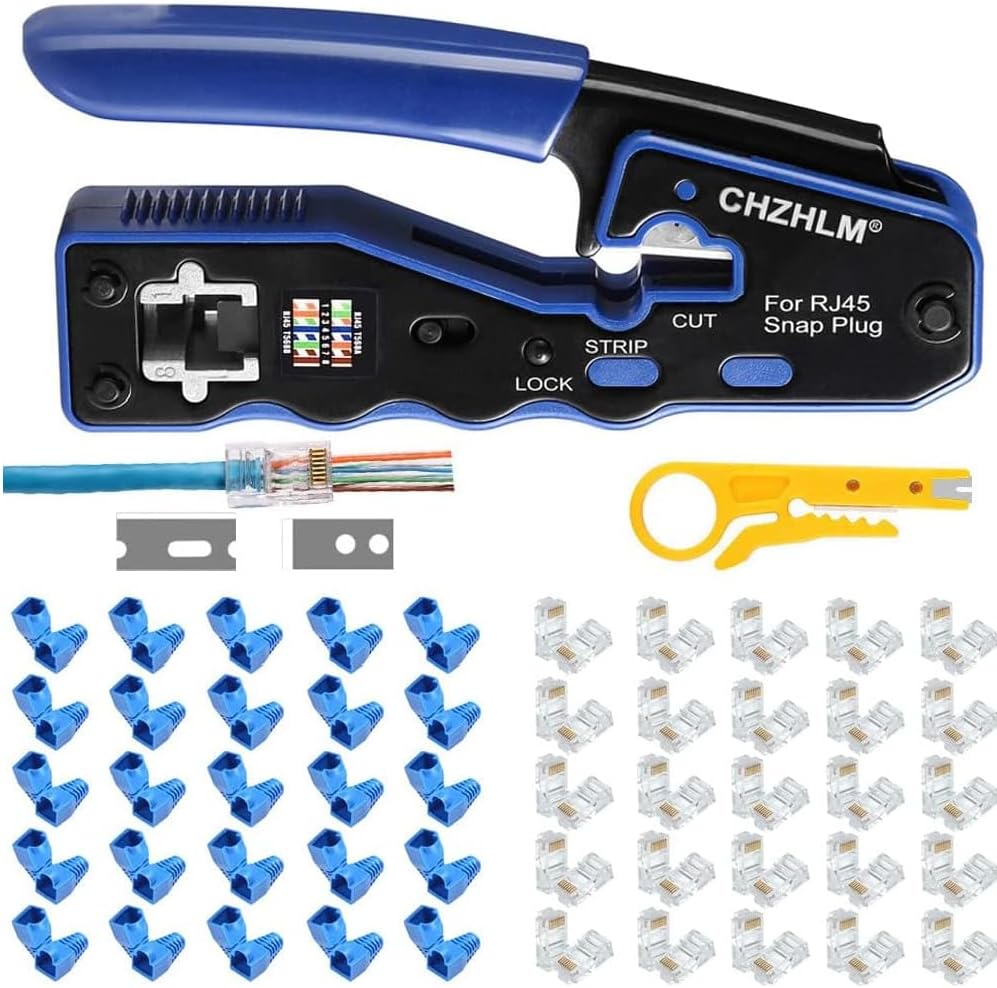 Rj45 Crimp Tool Pass Through Ethernet Crimping Tool kit for 8P Cat5 Cat6 Pass Through Connectors Network Crimp Tool RJ45 Crimper with 50Pcs Covers and 50Pcs Connectors Mini Yellow Stripper