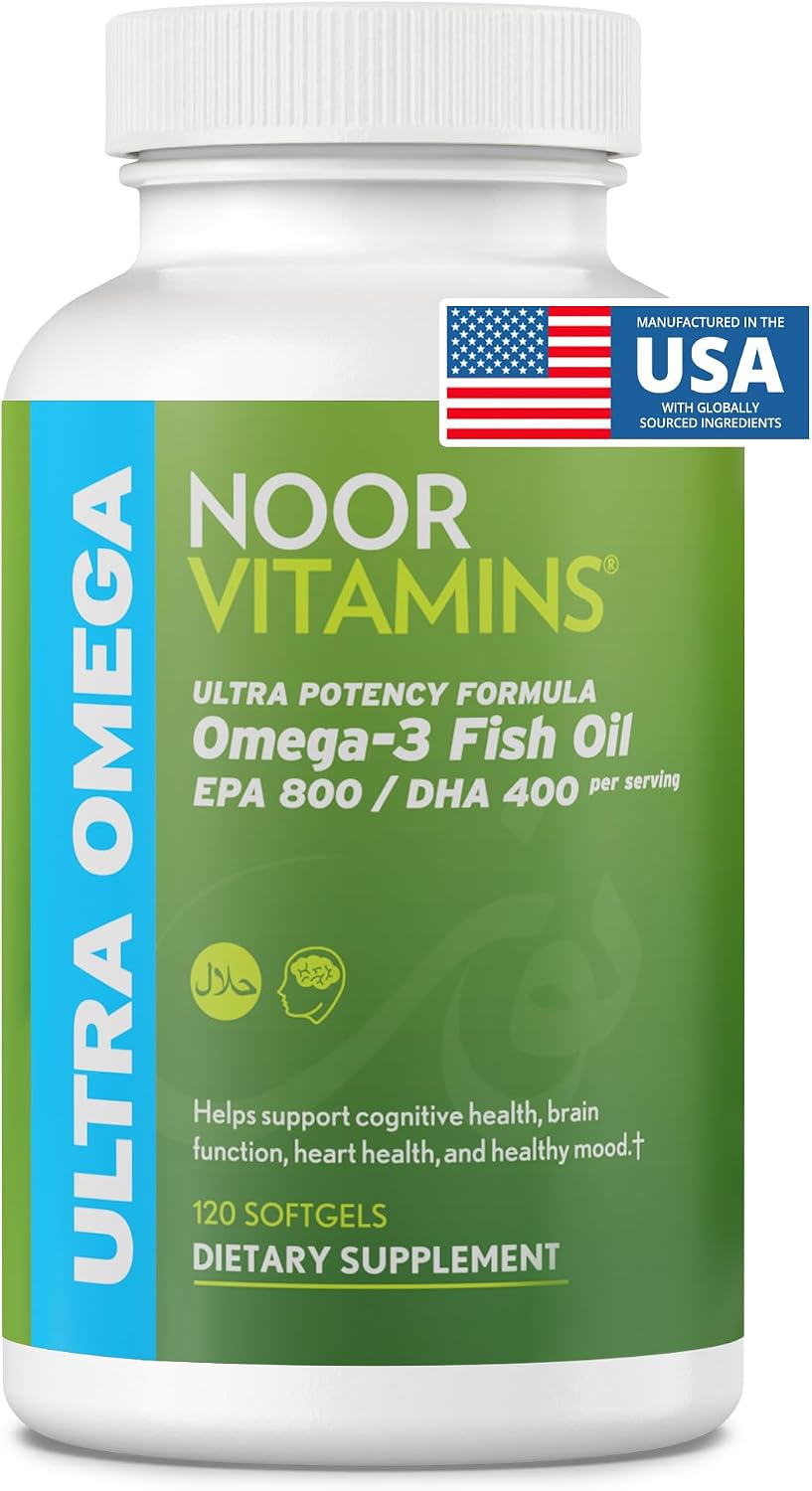 Halal Fish Oil, Halal Vitamins, Fish Oil Halal by Noor Vitamins, Ultra Omega 3 Wild Peruvian Fish Oil (800 mg EPA & 400 mg DHA) Heart, Brain & Joint Support, Non-GMO & Gluten Free (120 Count)