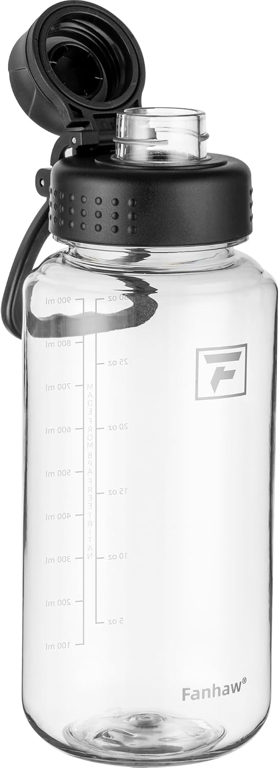 Fanhaw 32oz Clear Plastic Water Bottle with Fast-Flow Lid, Clear&Black