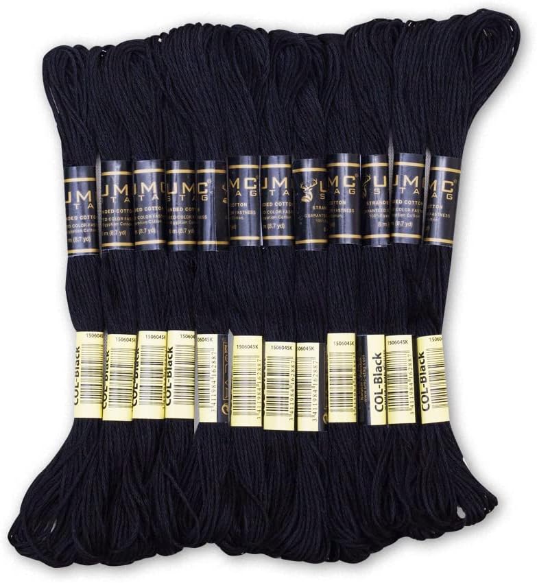 Pack of 12 Black Premium Embroidery Thread | 100% Egyptian Cotton Premium Skeins | Cross Stitch Embroidery Floss | Oeko TEX Certified Stranded Cotton | Ideal for Arts & Crafts (Black-12)