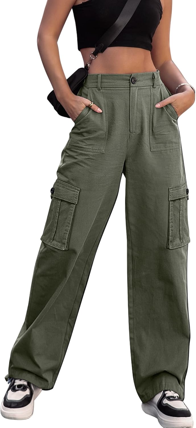 Breampot Womens Cargo Trousers High Waist Hiking Walking Combat Pants Casual Work Bottoms Outdoor Streetwear