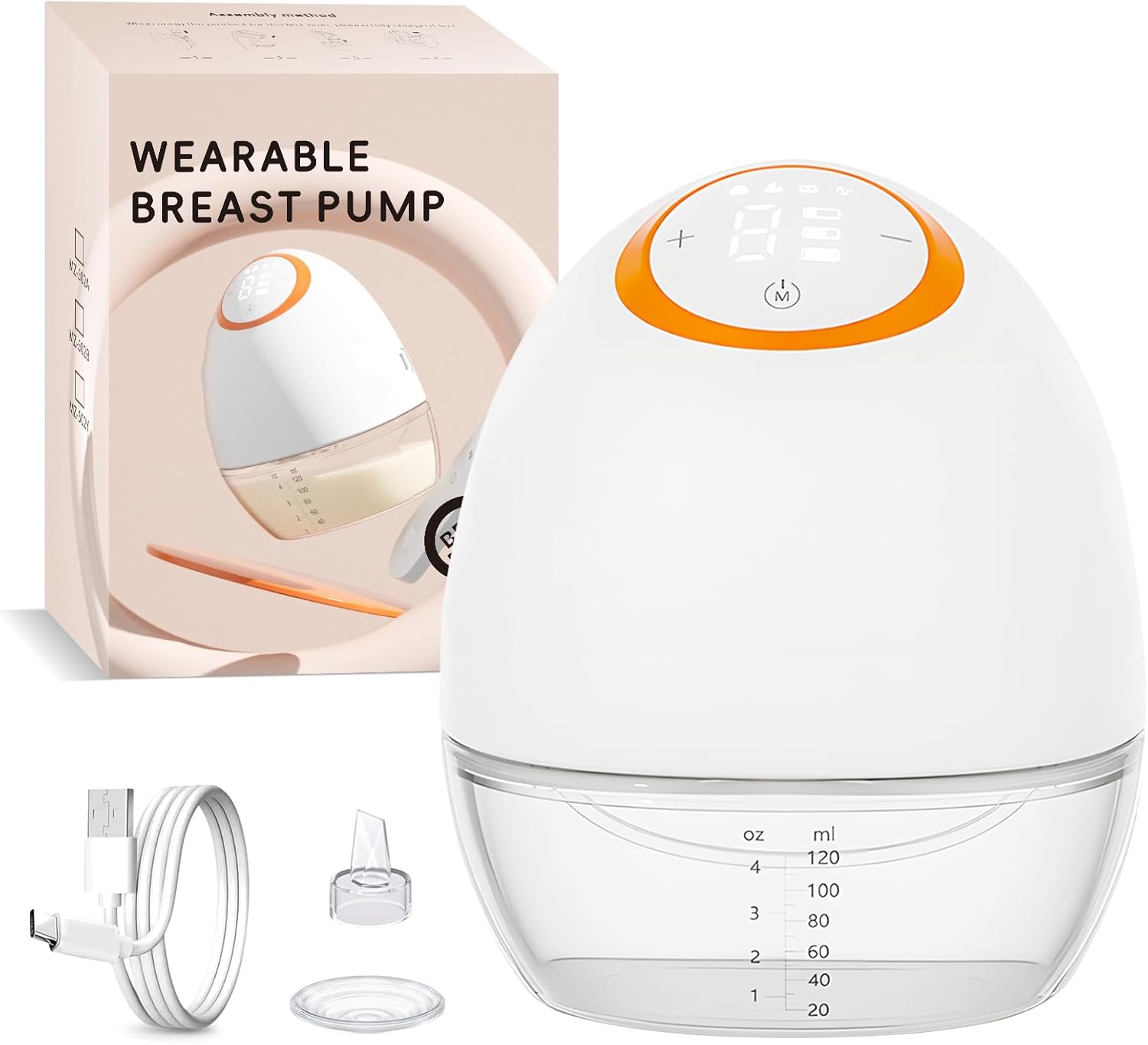 Wearable Electric Breast Pump, Hands-Free Double Breast Pump with LED Display, Portable Breastfeeding Pump with 4 Modes and 9 Levels of Suction, Low Noise, 24mm Flange, 130° Ultra-Wide Angle Design